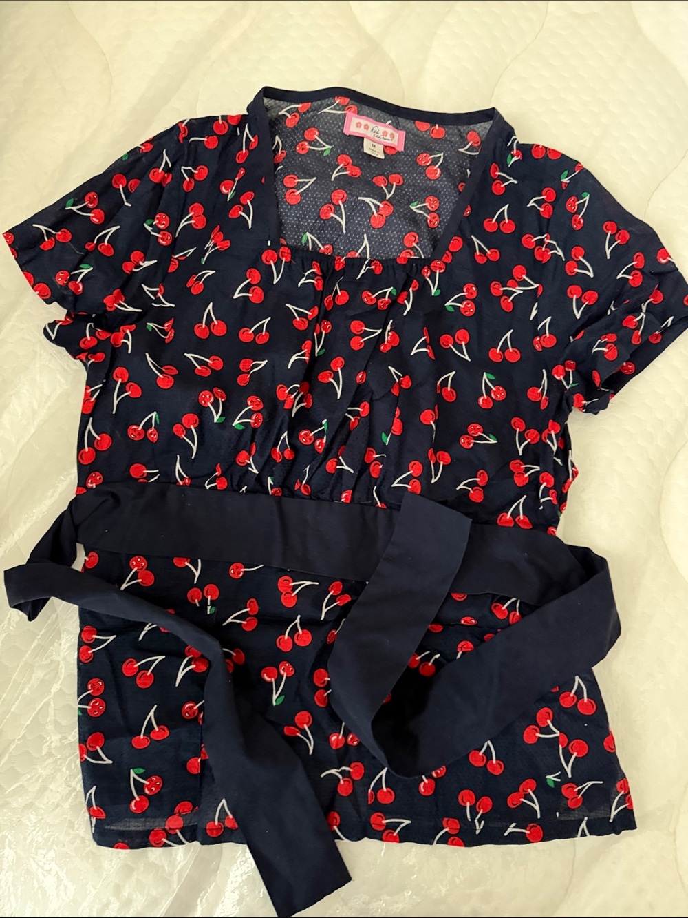 koi Navy Cherry-Print Short Sleeve Tie-Waist Top